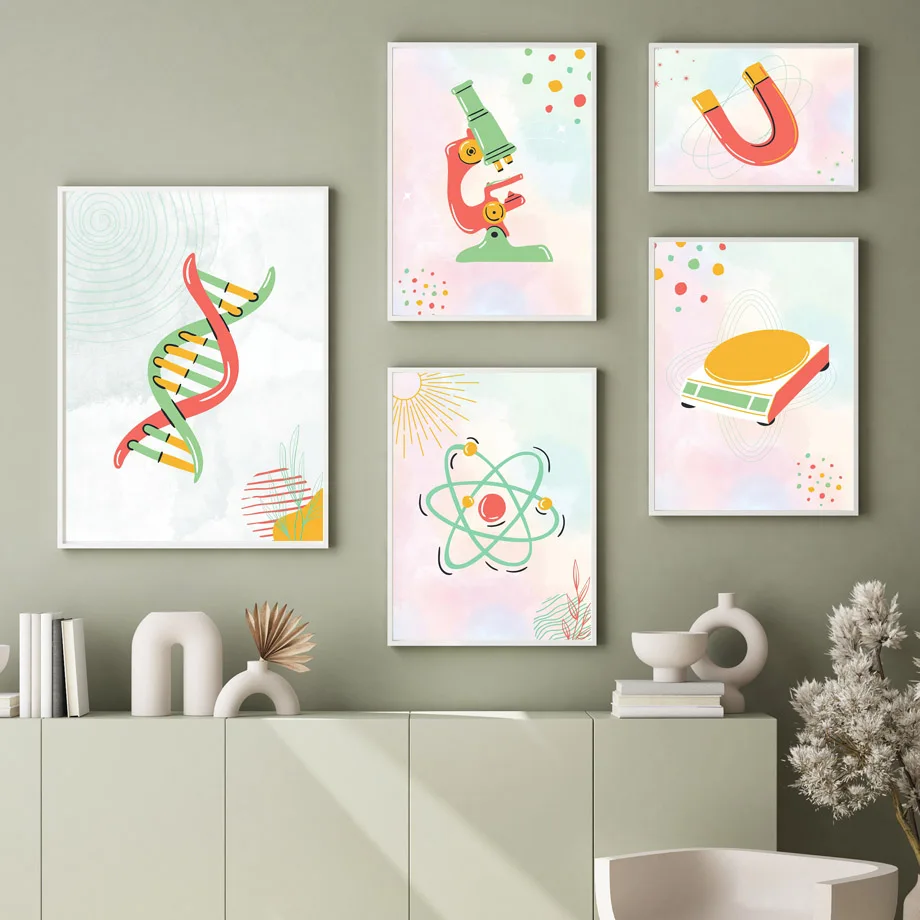 Science Nursery - ภาพพิมพ์บนผ้าใบแบบไม่มีกรอบ 1 ชิ้น ภาพวาดวิทยาศาสตร์ ภาพเซลล์ชีวภาพ ภาพกล้องจุลทรรศน์