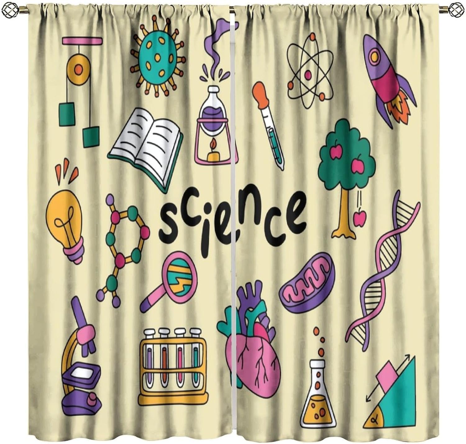 Science Nursery - ผ้าม่านธีมวิทยาศาสตร์ 2 ชิ้น สำหรับตกแต่งห้องเรียน วิชาเคมี ชีววิทยา