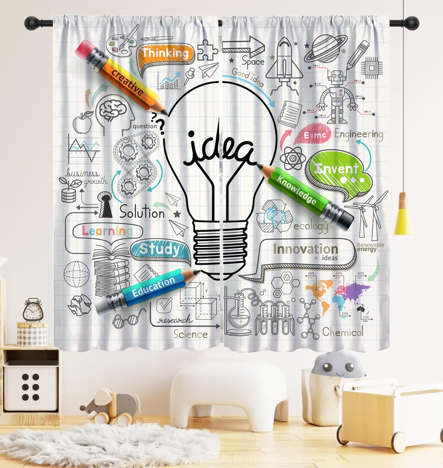 Science Nursery - ม่านกันแสงลายการ์ตูนวิทยาศาสตร์เพื่อการศึกษา พิมพ์ลายคณิตศาสตร์ เคมี ฟิสิกส์ 2 ชิ้น